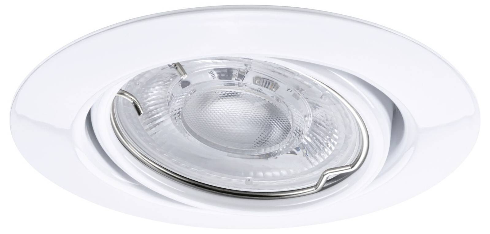 Rond inbouwbaar plafondlamp met een helder glazen lens en chromen afwerking op een witte achtergrond.