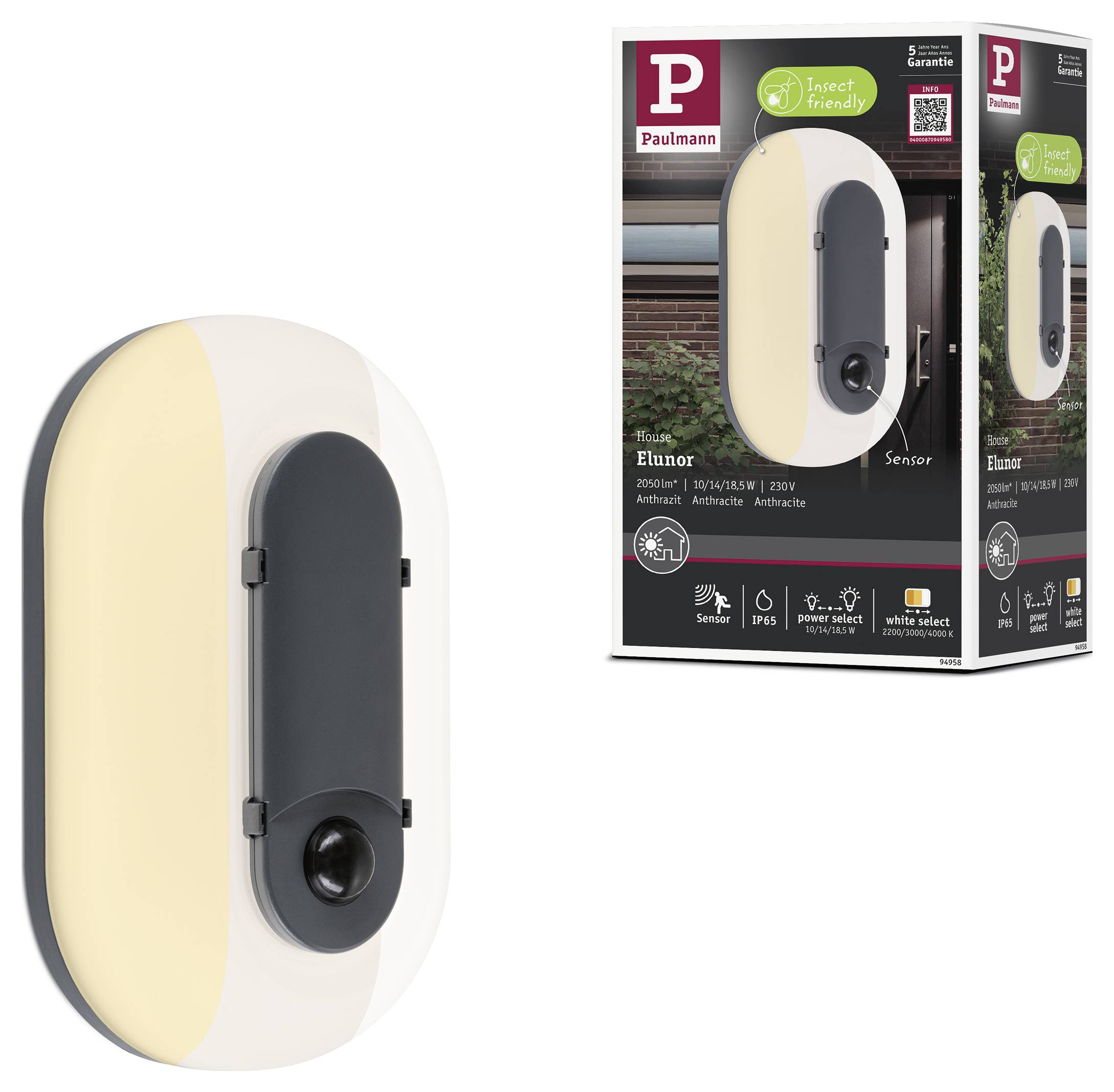 Productafbeelding van een Paulmann Elunor sensorwandlamp: ovale zwart-witte buitenlamp weergegeven naast de retailverpakking, met bewegingssensor en insectenvriendelijk label.