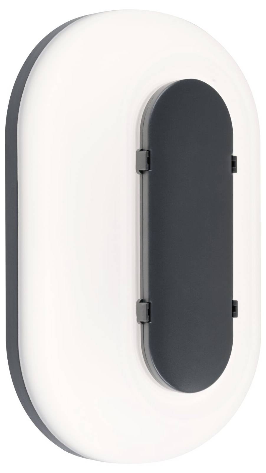 Ovale wandlamp met witte buitenkant en donker verticaal middenpaneel, weergegeven in een productweergave op een effen achtergrond.