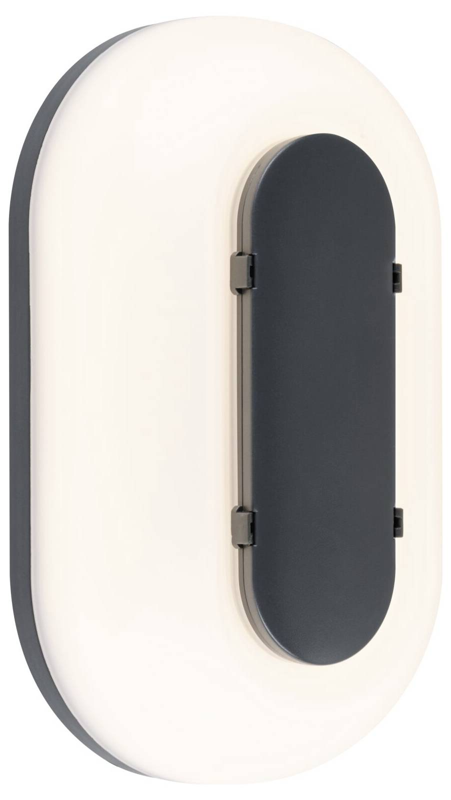 Modern ovaal wandlicht met een gloeiende witte diffuser en donker verticaal middenpaneel, weergegeven op een effen achtergrond.