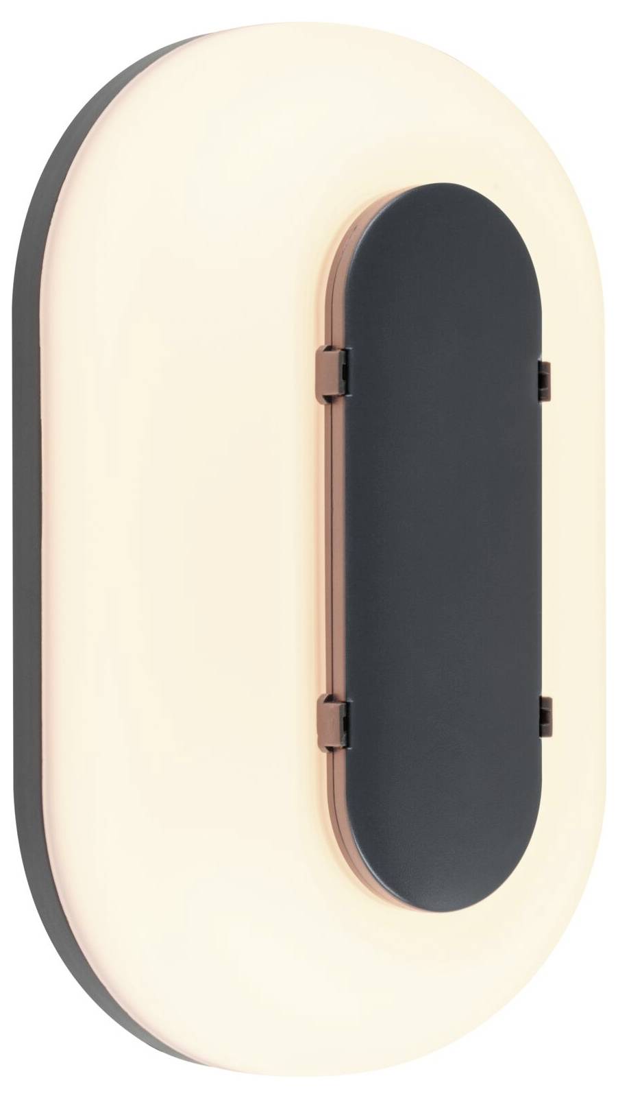Ovale wandlamp met een crème diffuser en donker verticaal middenpaneel, weergegeven op een witte achtergrond.