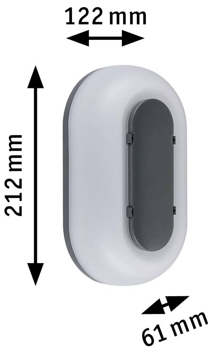 Ovale aan de muur bevestigde lichtarmatuur met aangegeven afmetingen: 212 mm hoog, 122 mm breed en 61 mm diep.