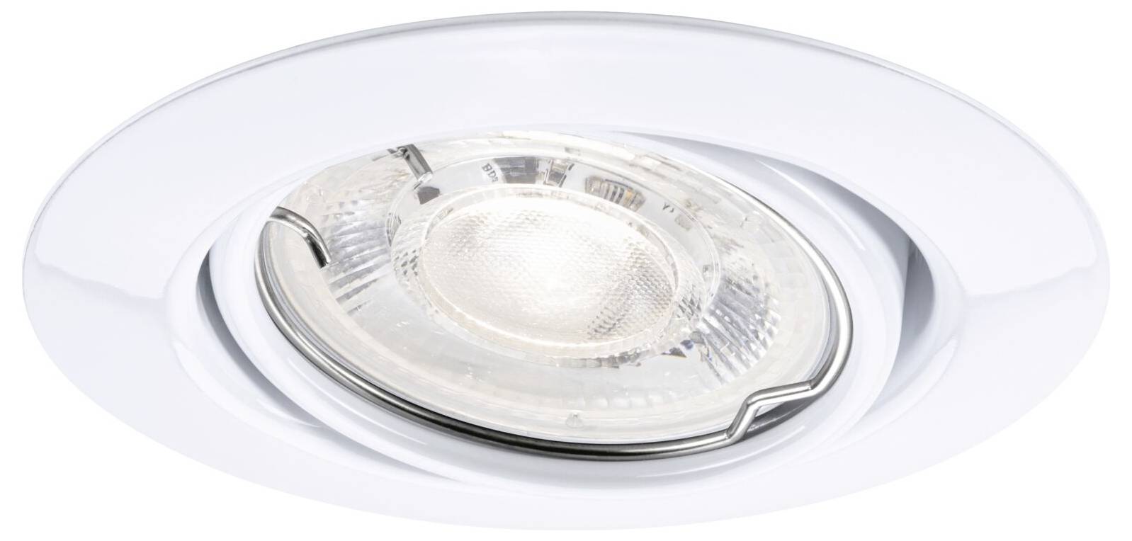 Inbouwspotlight voor plafond met transparante glasomlijsting en reflecterende zilveren binnenring.