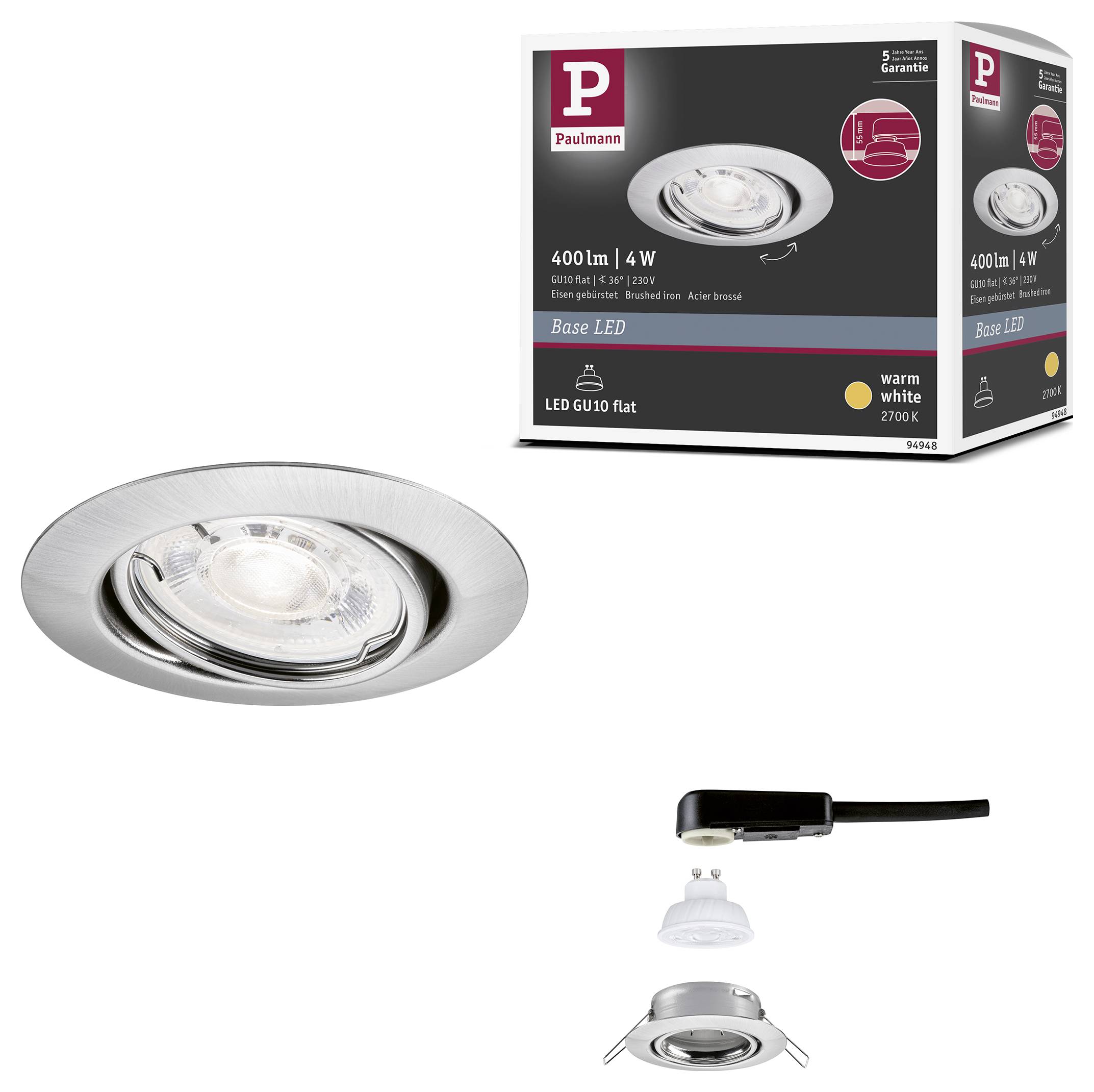 Productfoto van een Paulmann inbouw LED spotlightset, met een geborsteld stalen inbouwspot, verpakking en installatieonderdelen.