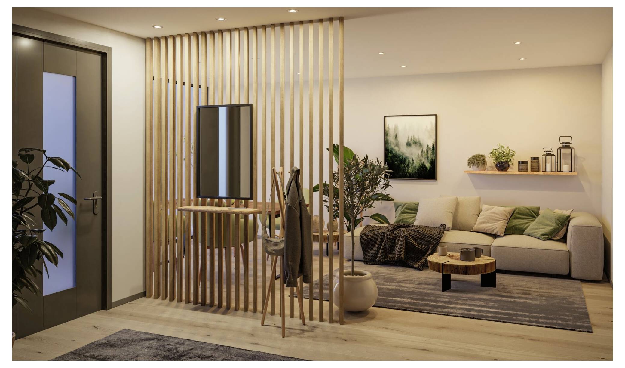 Moderne woonkamer met een lamellenscherm van hout, kleine spiegel met kapstok, beige bank, planten, wandkunst en een laag salontafeltje op een tapijt.