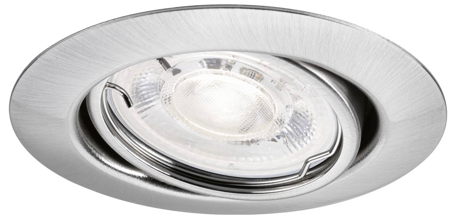 Dicht aanzicht van een ronde geborstelde metalen ingebouwde plafondlamp met een helder gloeilampenlens.