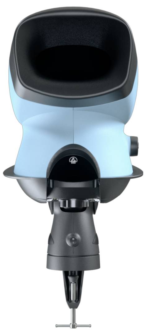 Vooraanzicht van een blauwe en zwarte robotische massagestoel-accessoire met een T-vormige voetsteun en centrale bedieningsopening.