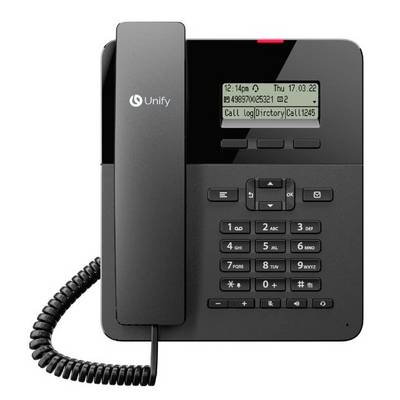 Zwart Unify kantoortelefoon met handset, toetsenbord, klein display met gespreksgeschiedenis en directory menu's, en springkabel.