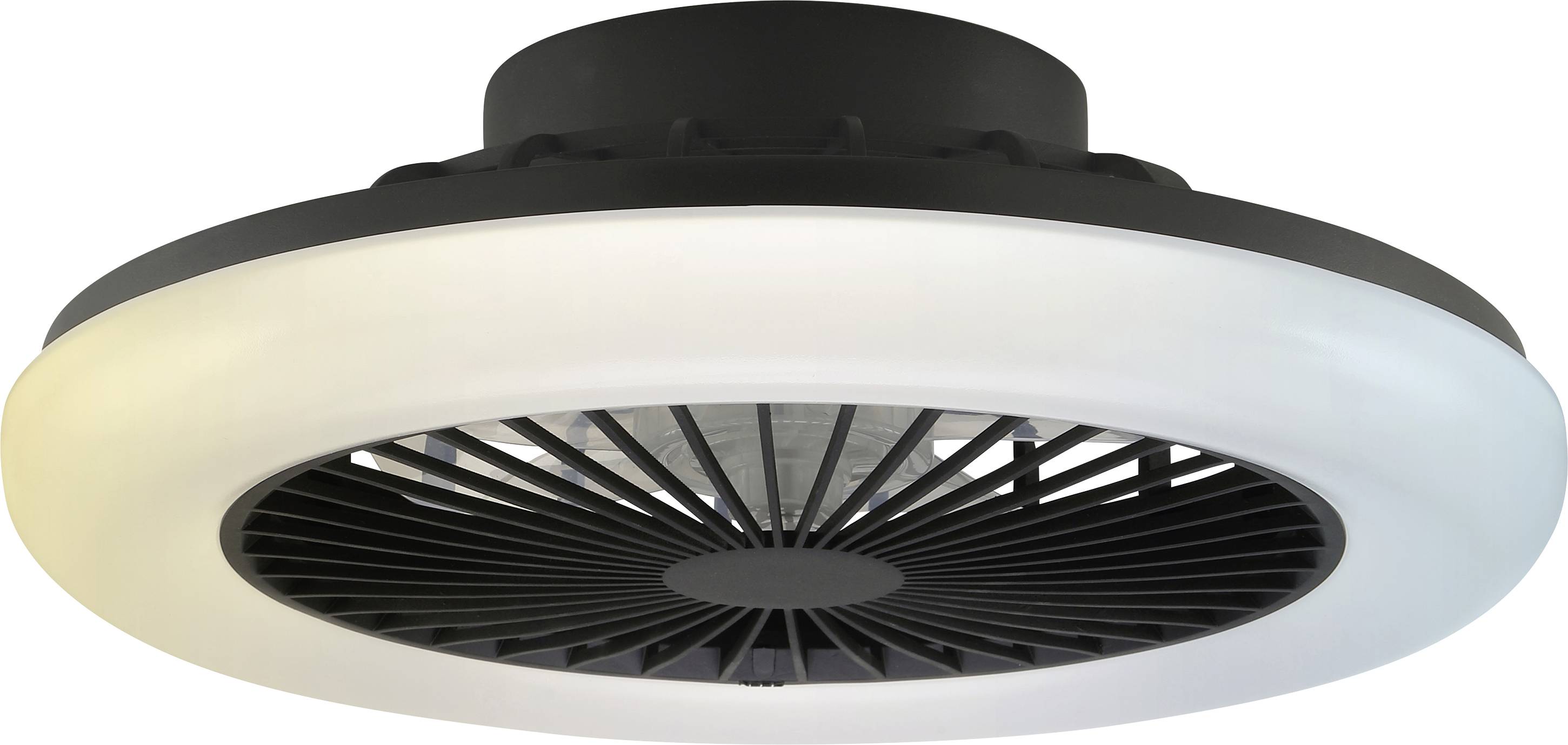 Ronde plafond-luchtverdeeler of -ventilatie met witte rand en zwart centraal rooster, van onderaf bekeken.
