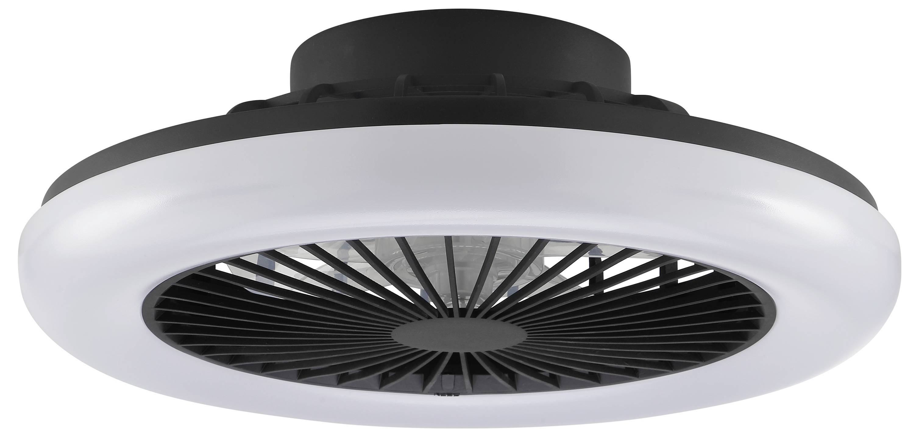 Ronde zwart-witte plafondventilator met een cirkelvormige lichtring en centraal ventilatieopening, weergegeven tegen een witte achtergrond.