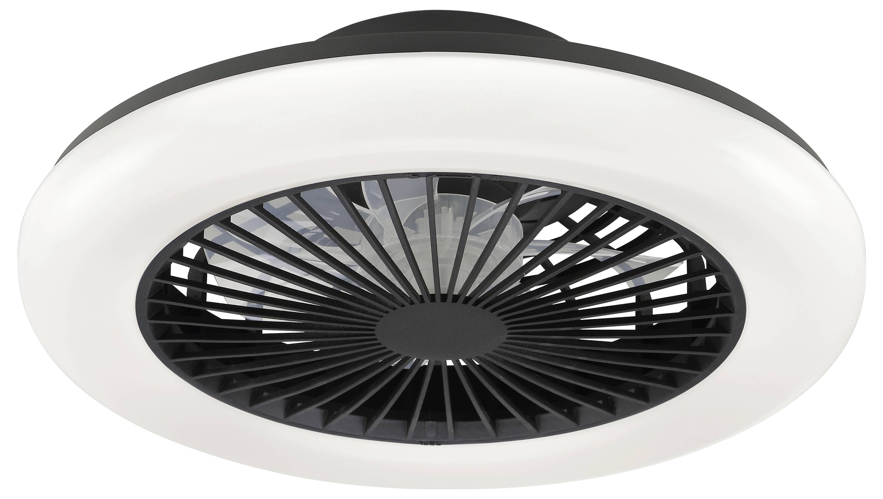 Rond plafondrooster of ventilator met witte buitenring en zwart radiaal rooster, van onderaf bekeken.