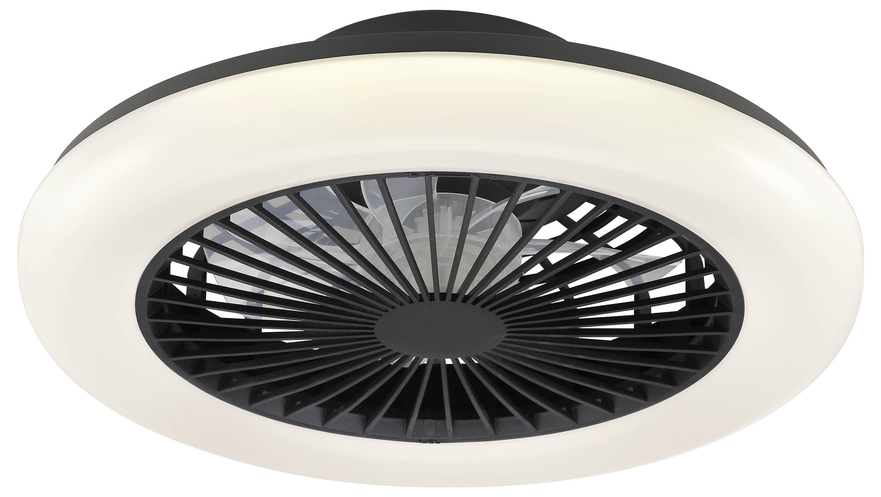 Rond plafondlamp met een centraal zwart geventileerd rooster en een witte buitenring op een eenvoudige achtergrond.