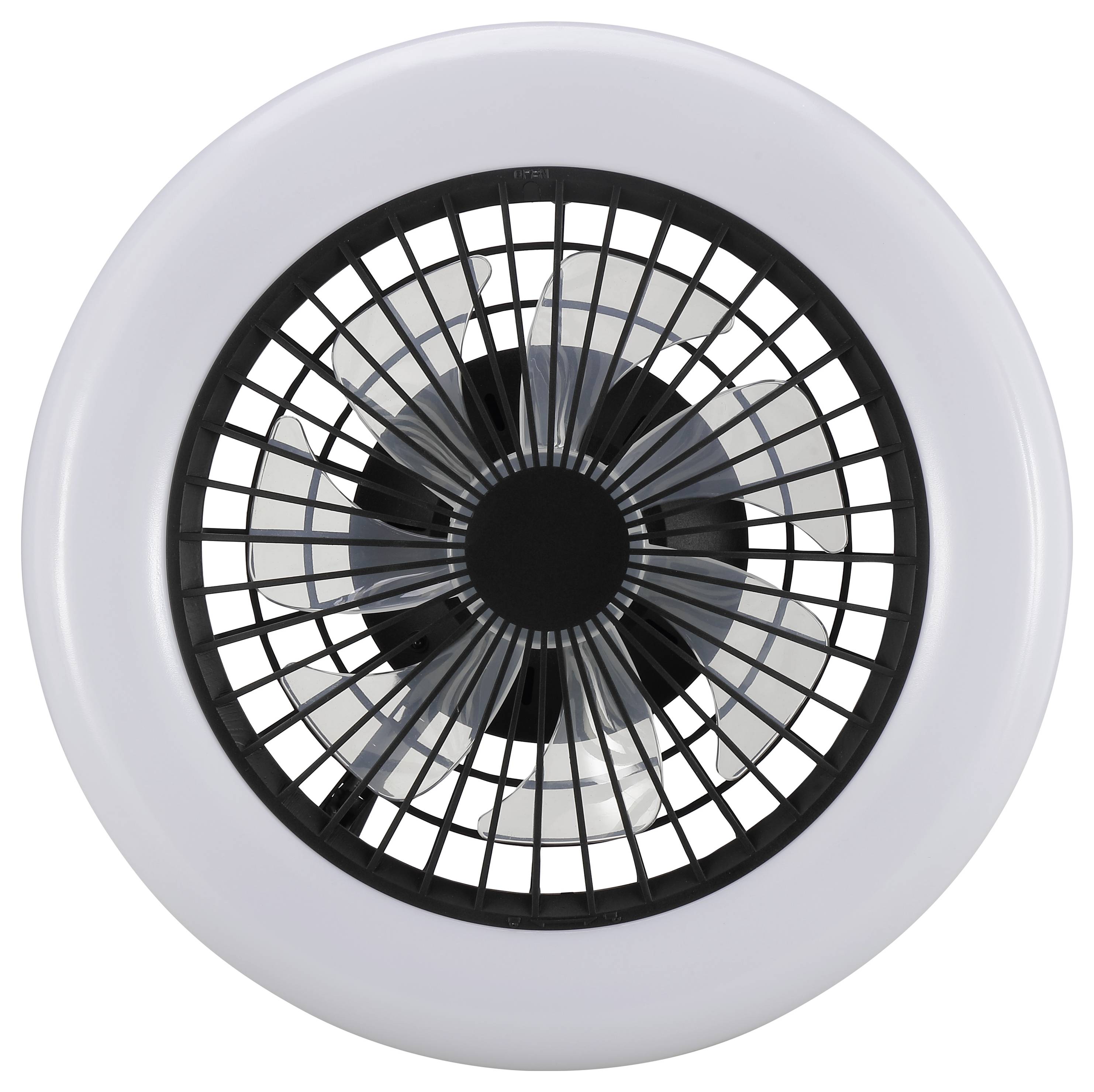 Bovenaanzicht van een ronde zwart-witte ventilator of luchtuitlaat met beschermend rooster en centraal noppenhuis op een witte achtergrond.