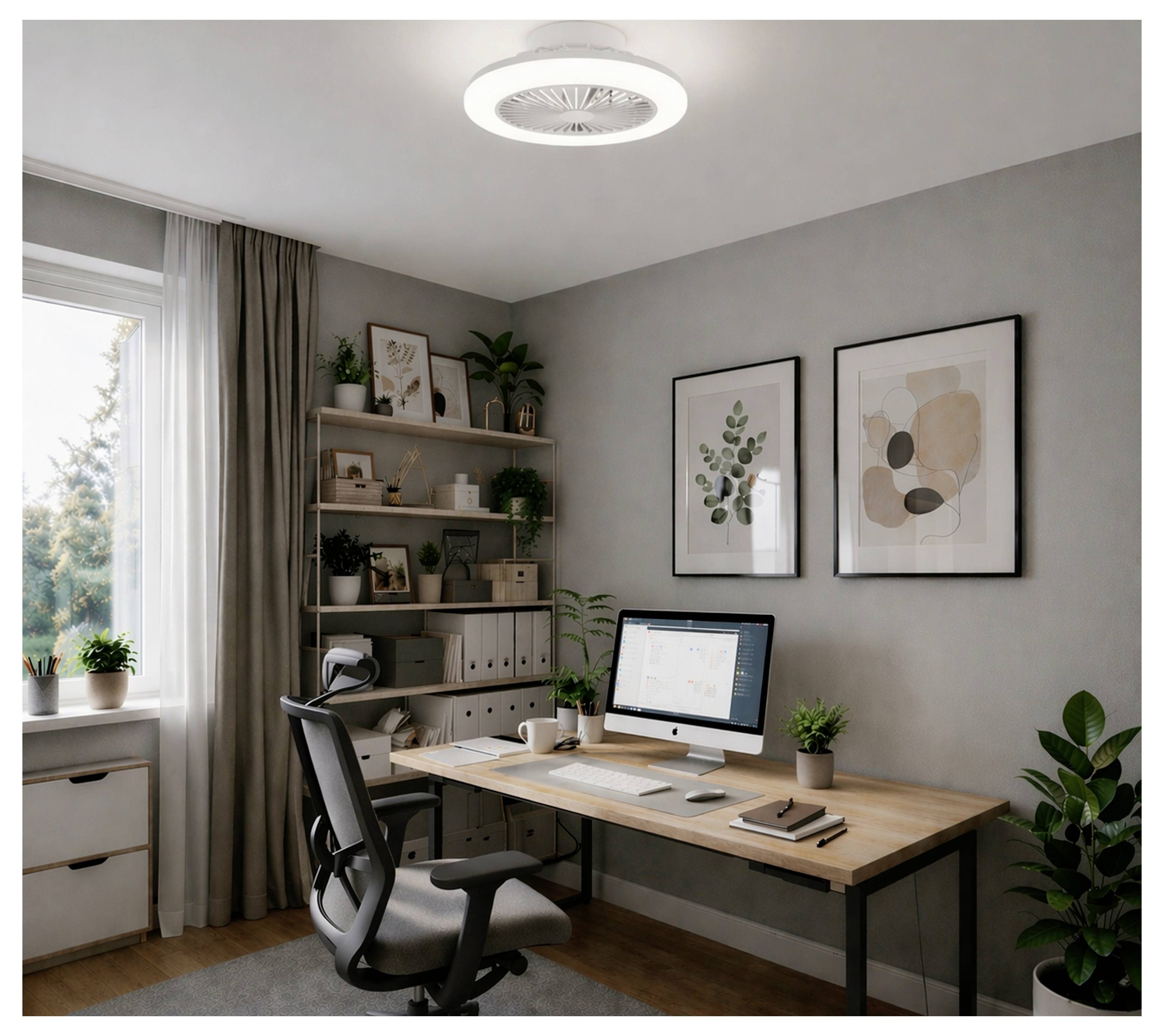 Een netjes ingerichte thuiskantoor met een bureau, computer, kantoorstoel, kasten, planten en ingelijste wandkunst bij een raam.