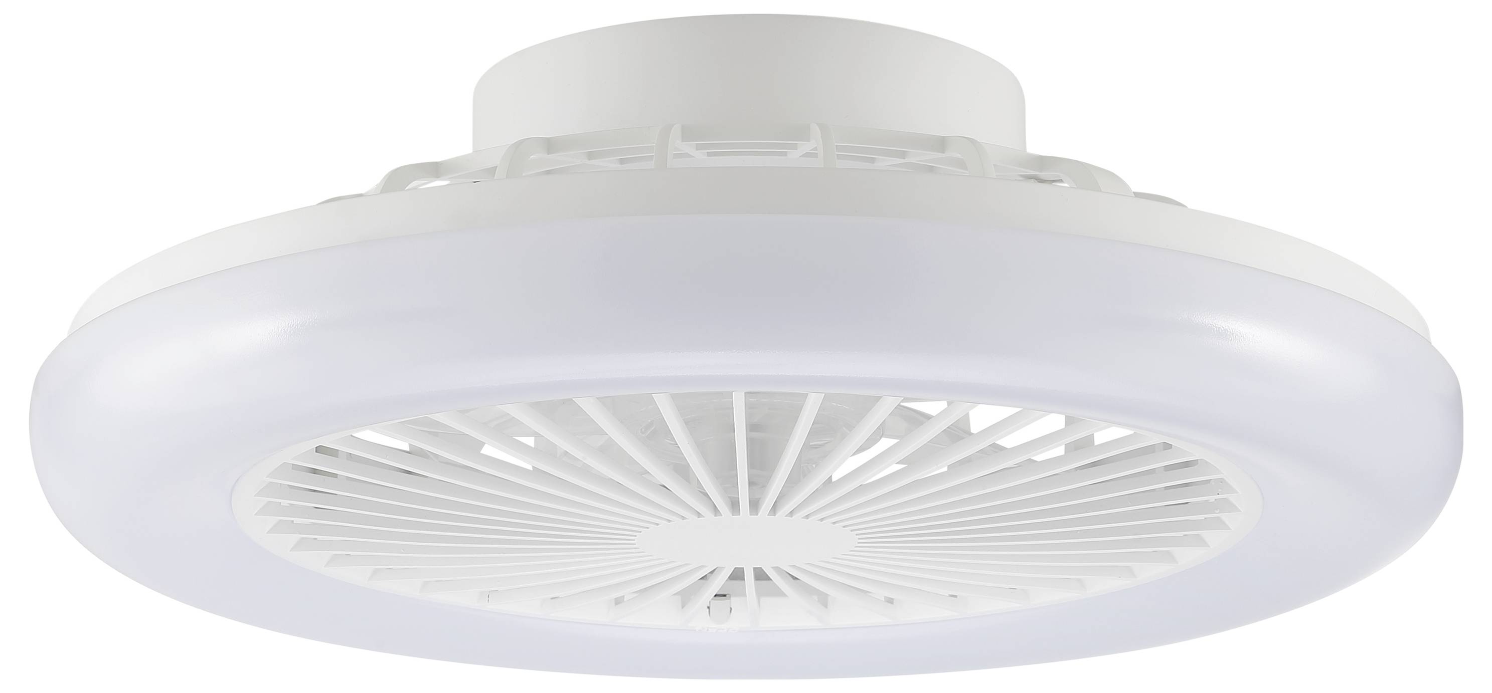 Rond wit plafondsleuf of ventilator met doorzichtige buitenring, van onderaf getoond tegen een eenvoudige witte achtergrond.