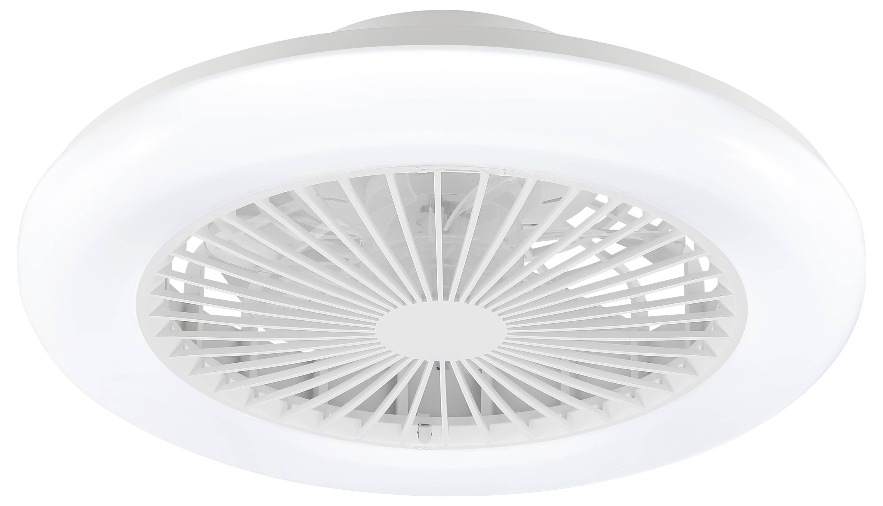 Ronde witte plafondventilatie of luchtverdeeler met radiale lamellen op een witte achtergrond.
