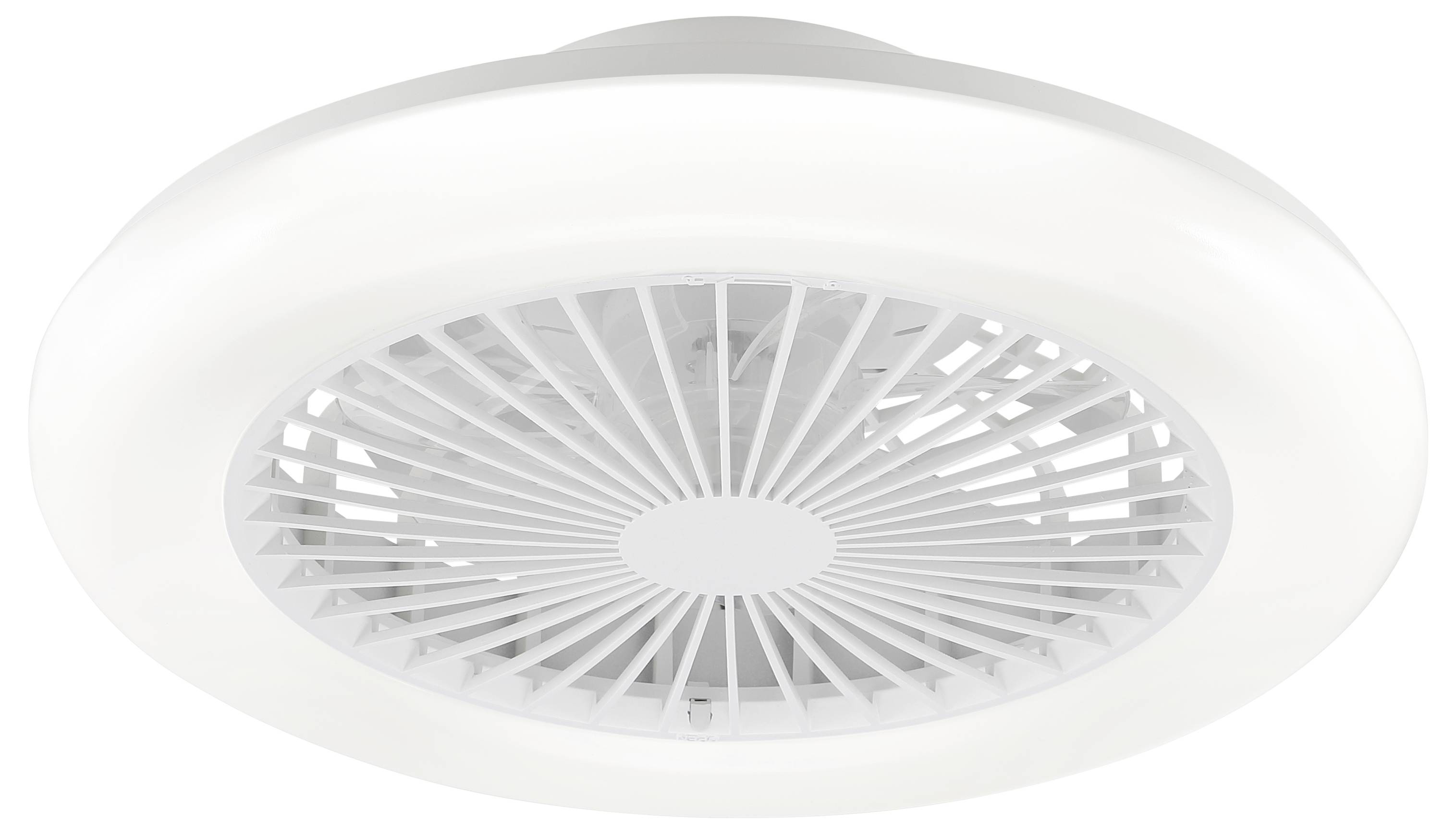 Rond wit plafondrooster of ventilatorafdekking met een centraal rooster en radiale lamellen.