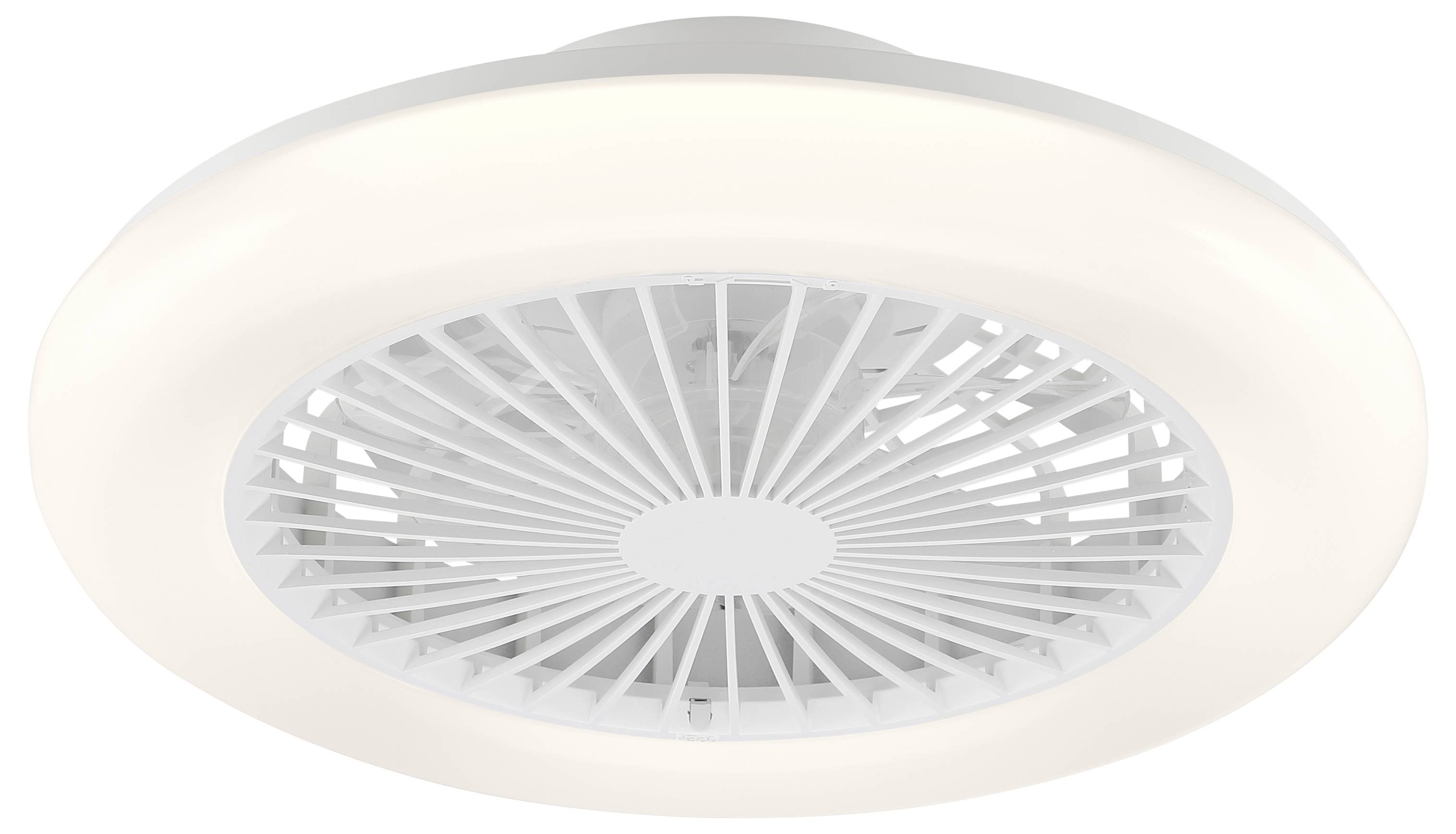 Rond wit plafond-ventilatierooster of diffuser met een centraal rooster en transparante buitenring.