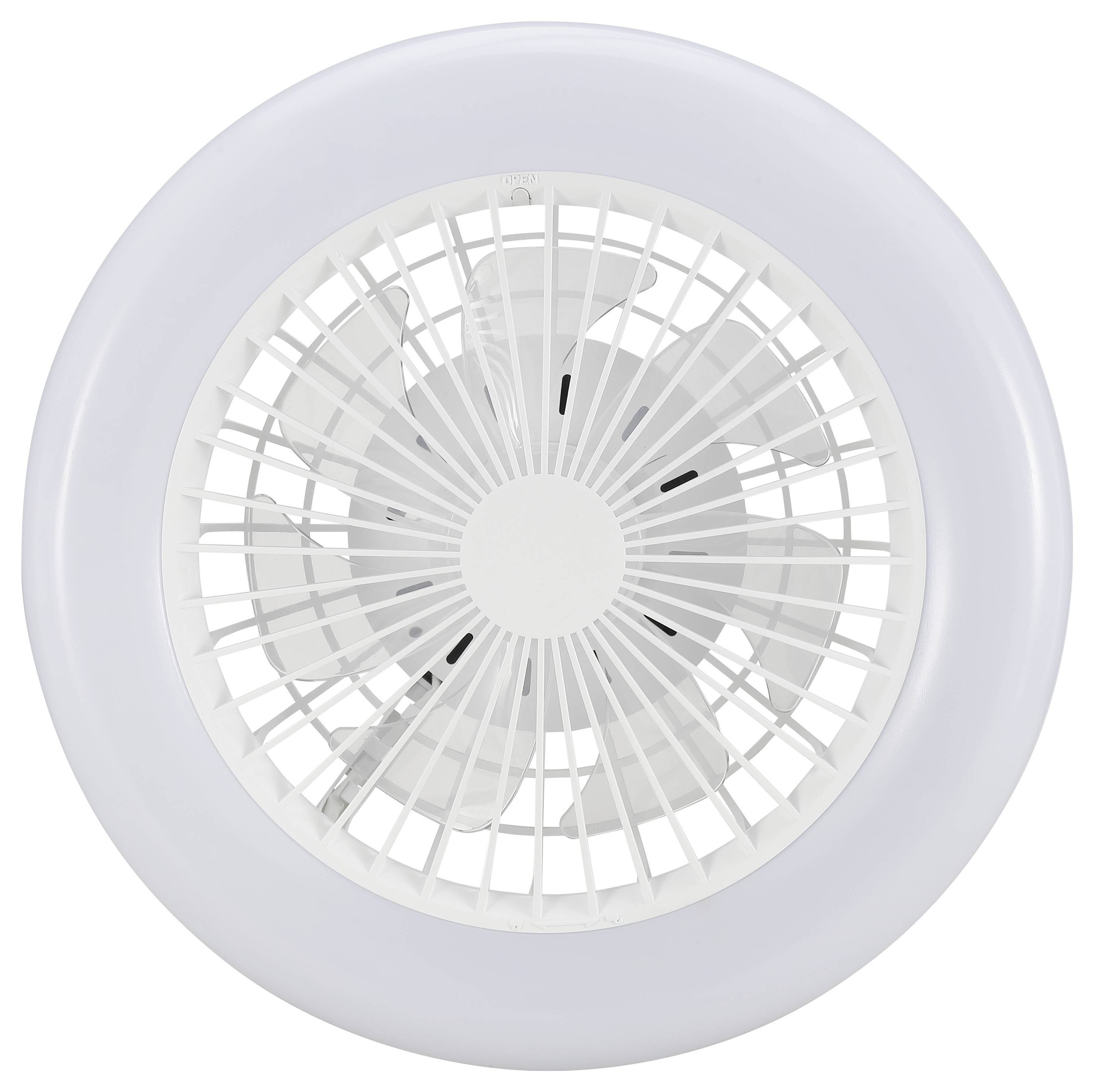 Bovenaanzicht van een witte plafondventilator met een cirkelvormige mat glazen lichtrand.