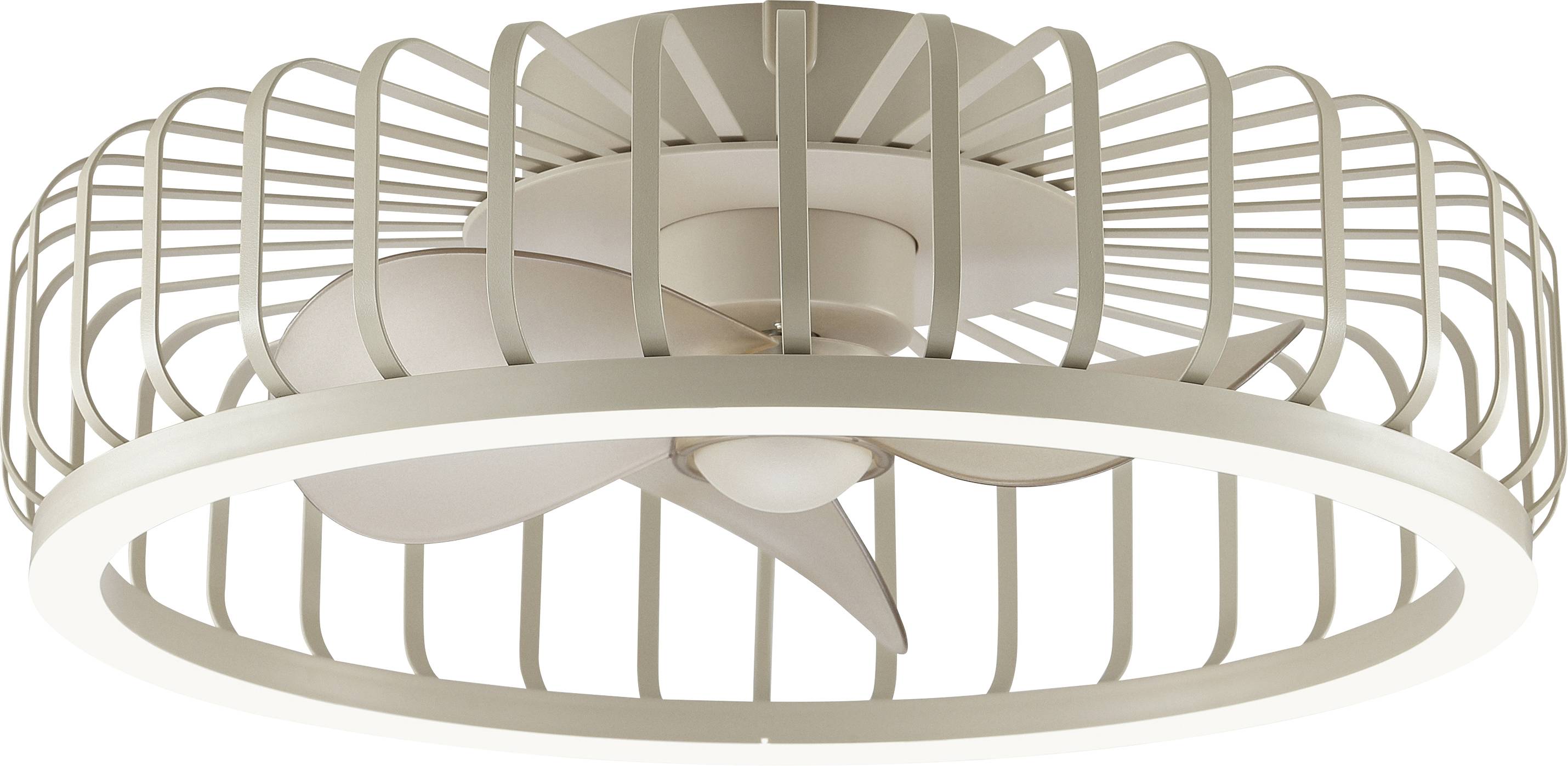 Modern plafondventilator met geïntegreerde verlichting in een ronde, kooi-achtige beige metalen armatuur, van onderaf bekeken.