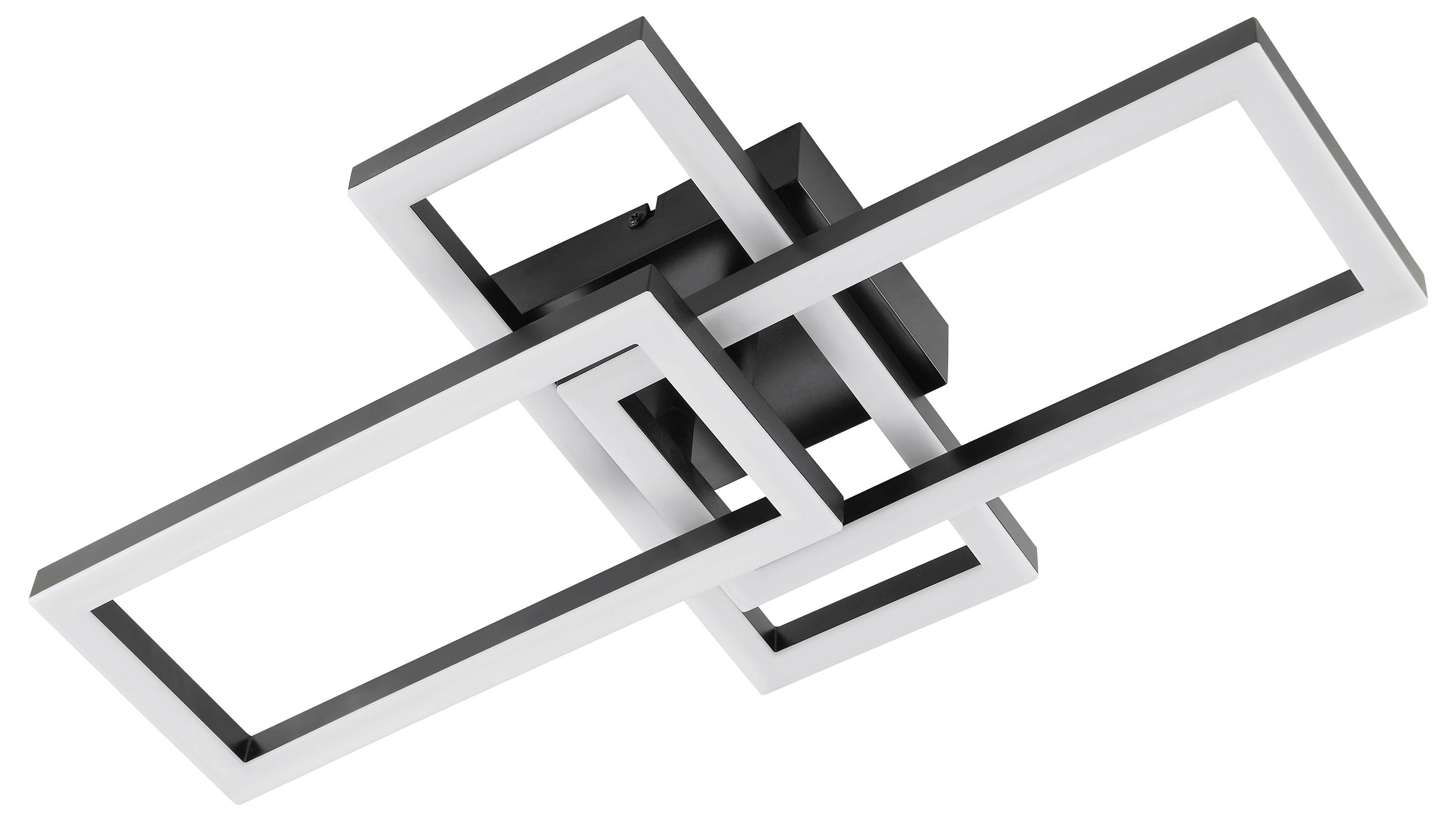 Moderne geometrische plafondlamp met overlappende rechthoekige LED-panelen in zwart en zilver op een witte achtergrond.