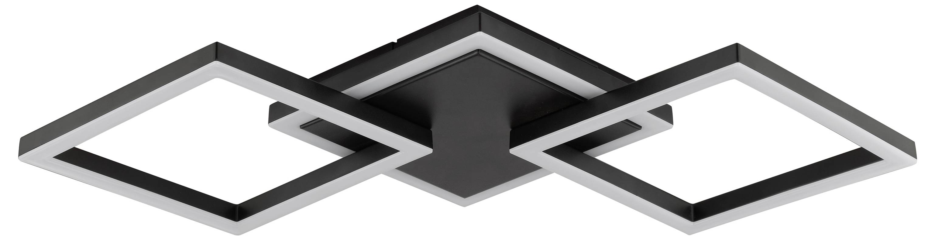Modern plafondlamp met twee vierkante LED-panelen op een zwarte centrale houder, weergegeven op een witte achtergrond.