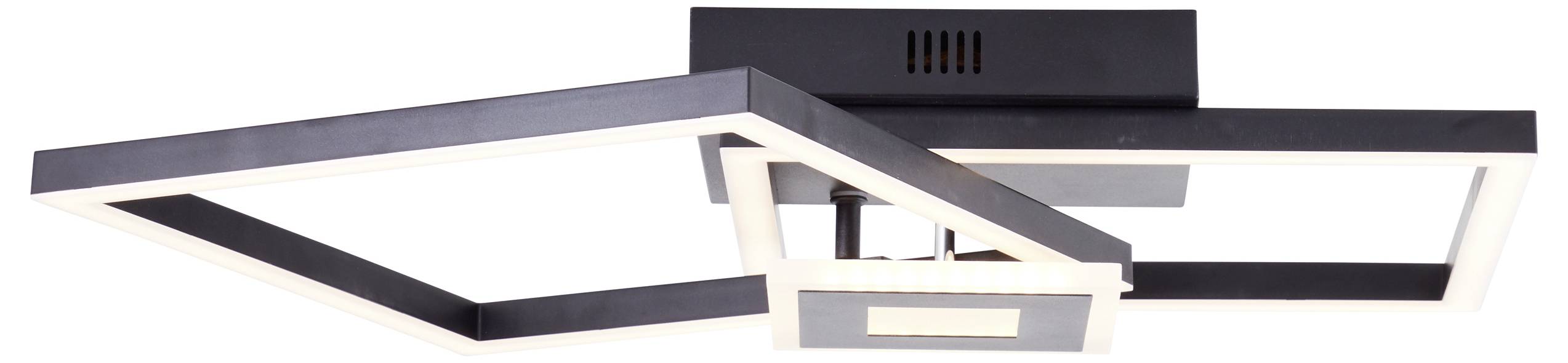 Modern geometrisch plafondlicht met twee verlichte rechthoekige frames en een centraal rechthoekig accent in zwart en wit.