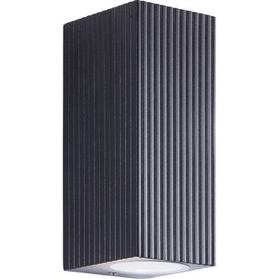 Zwarte verticaal lamellengevel van een wandmonteerbare lichtarmatuur met een ronde ingebouwde lamp onderaan, weergegeven op een witte achtergrond.