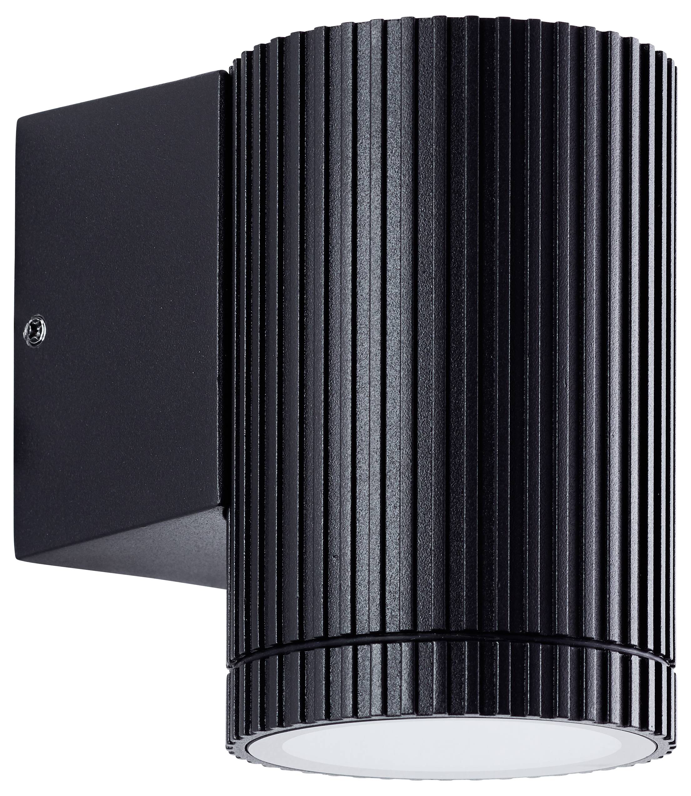 Zwarte cilindrische aan de muur gemonteerde lichtfixuur met geribbeld oppervlak en ronde diffuser, weergegeven tegen een witte achtergrond.