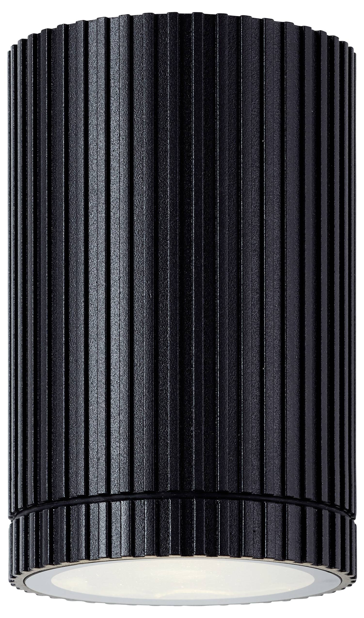 Zwart geribde cilindrische plafondlamp met een geslepen diffuser eronder