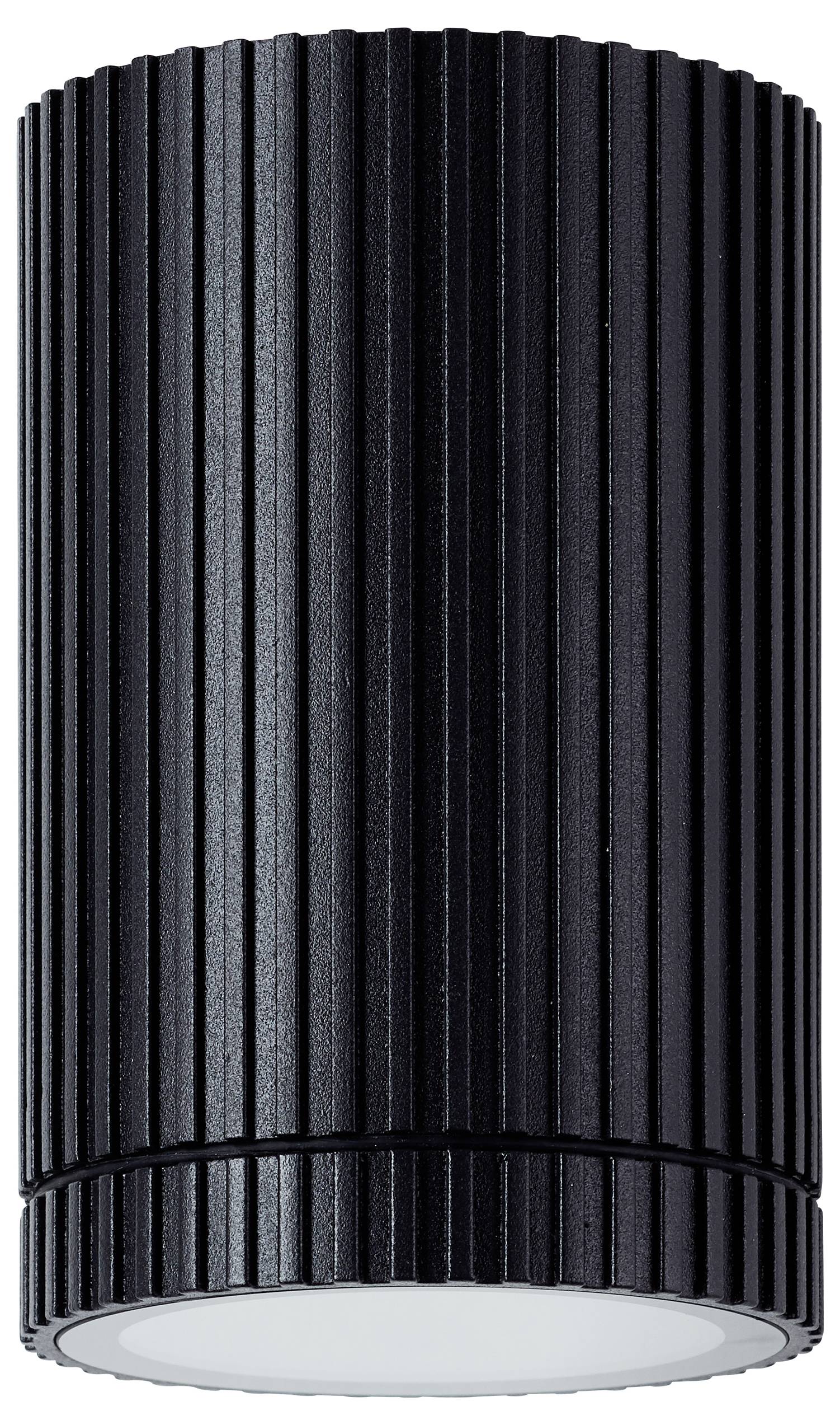 Zwart geribbeld cilindrisch plafondlamp met een witte diffuser eronder