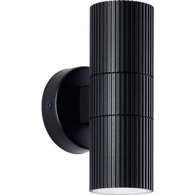 Zwarte cilindische wandlamp met een geribbelde metalen kap en ronde montageplaat, gemonteerd op een witte achtergrond.