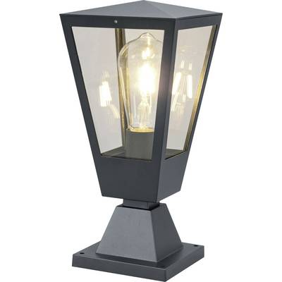 Zwarte buitenlantaarn in post-stijl met heldere glazen panelen en een gloeiende lamp binnenin, gemonteerd op een vierkante basis.