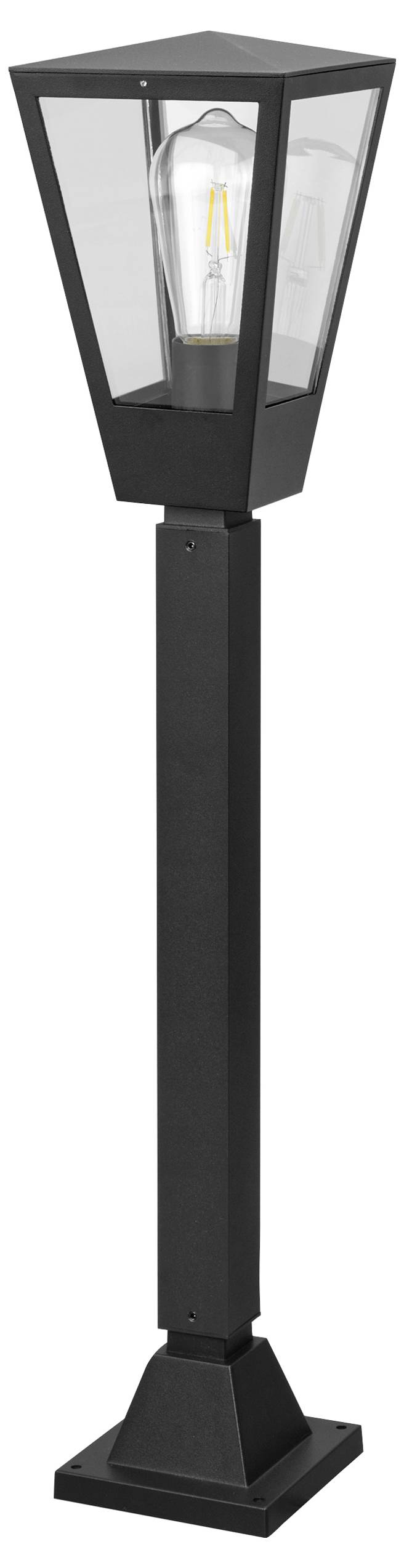 Zwarte buitenposlamp met een vierkante lantaarnstijl kop en zichtbare gloeilamp op een hoog voetstukonderstel.
