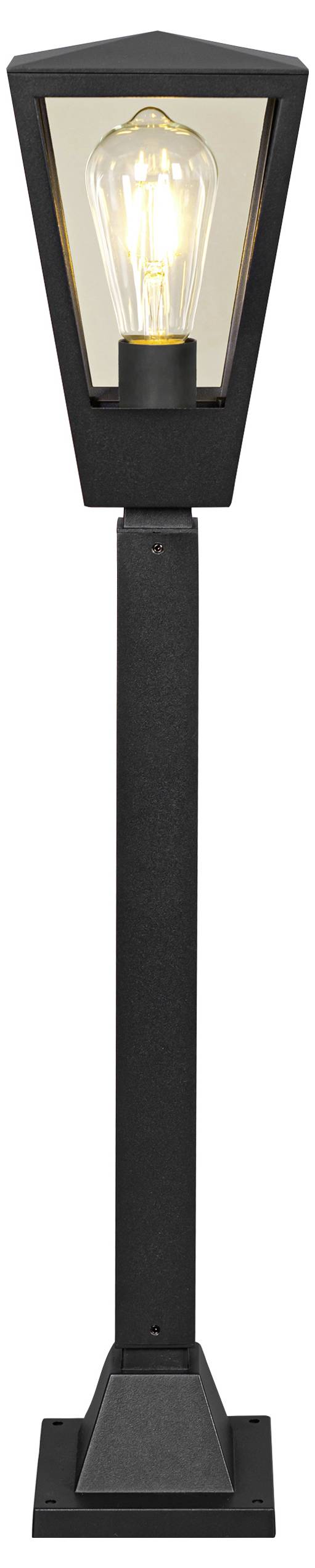 Zwart buitenplaatslicht met een hoge vierkante voet en lantaarnstijl bovenkant, met een gloeiende zichtbare lamp.