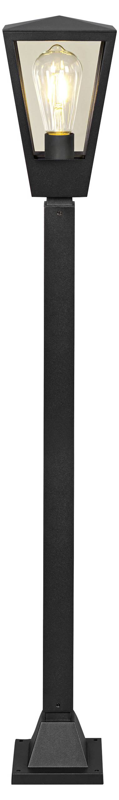Een zwarte buitenmuurlamp met een lantaarnstijl bovenkant en zichtbare gloeiende gloeilamp, geïsoleerd op een witte achtergrond.