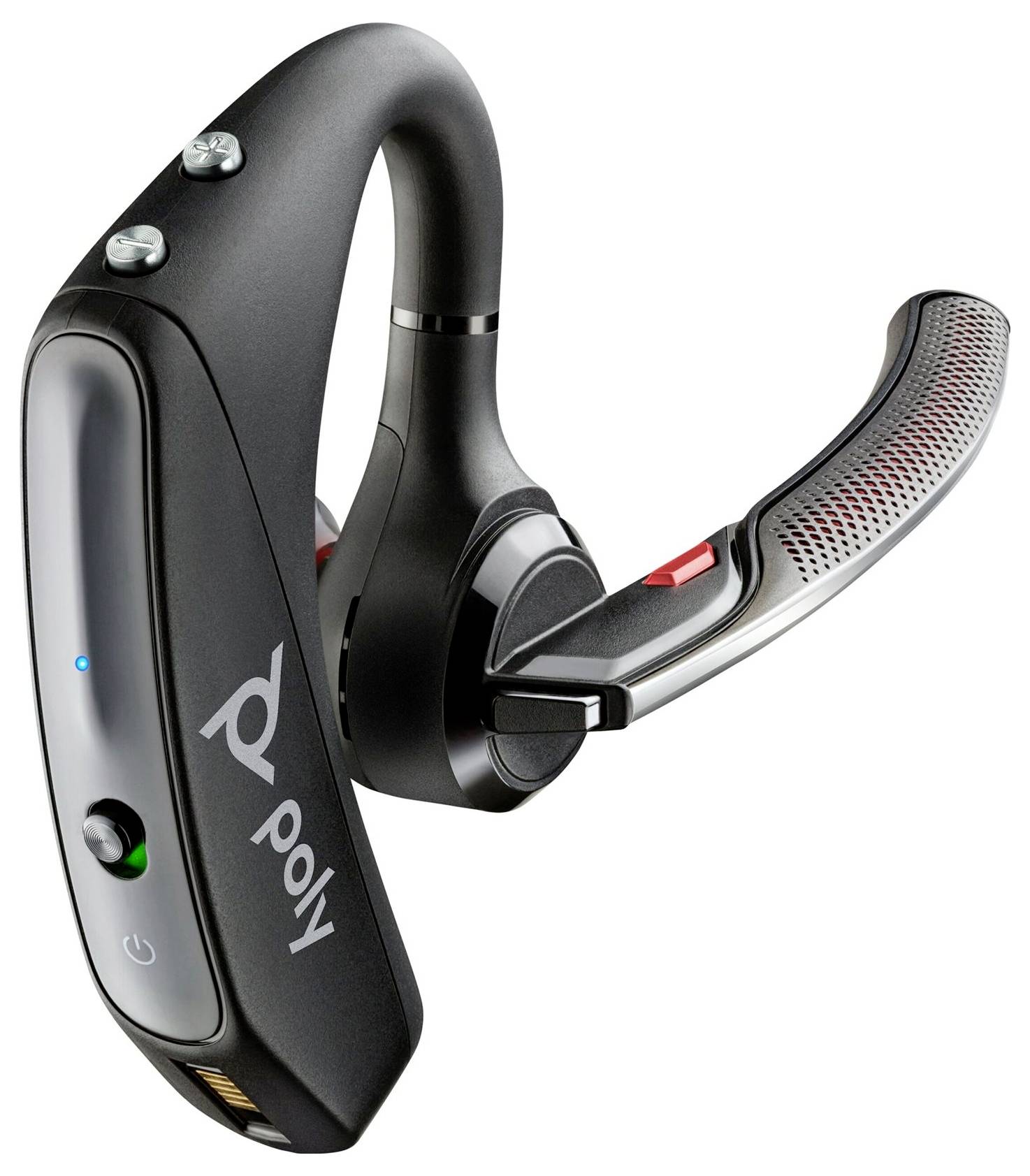 Zwarte Poly Voyager Bluetooth-oortelefoonie met over-ear haak, zijknoppen en zilveren boommicrofoon.