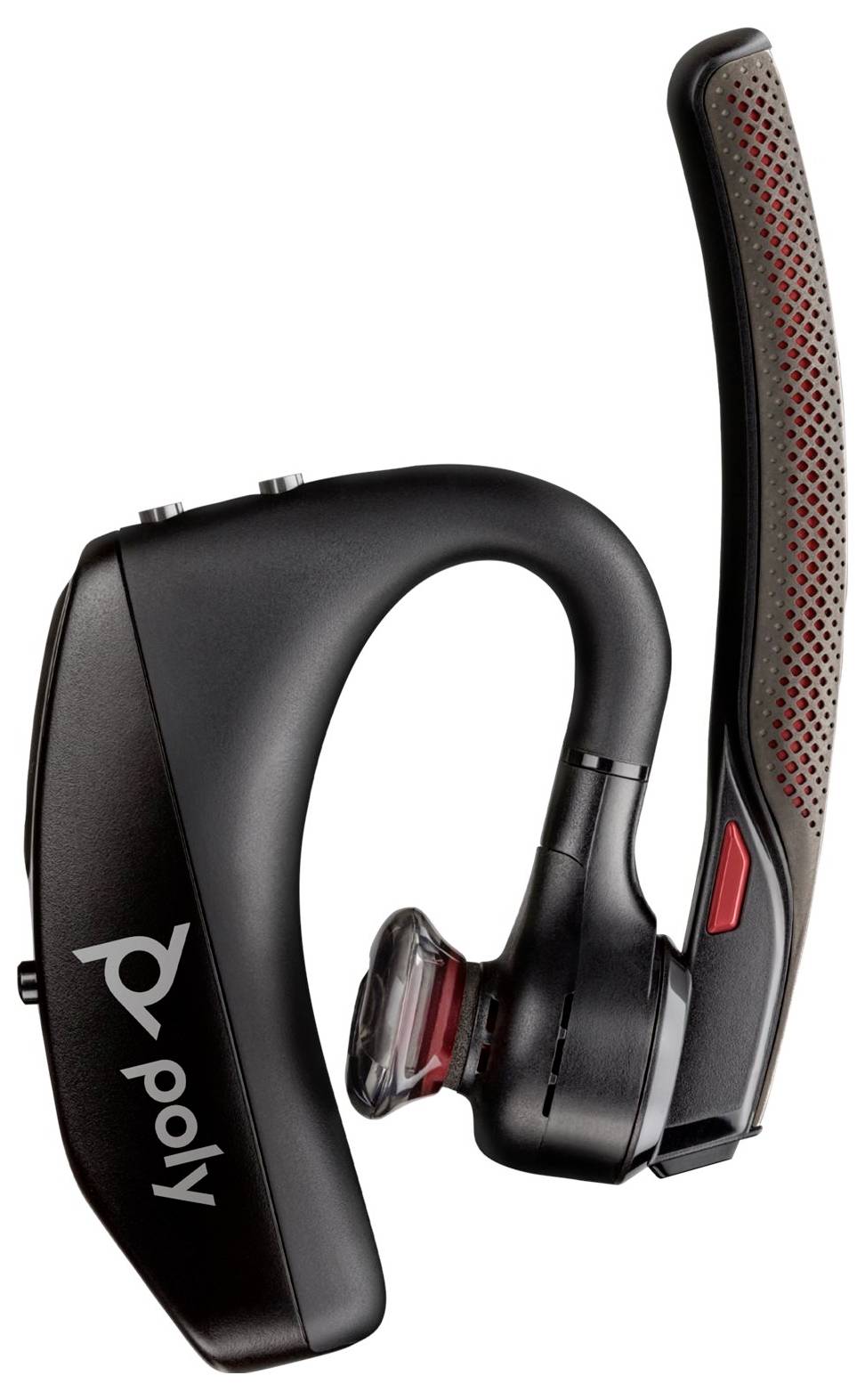 Zwarte Poly over-ear draadloze headset met boommicrofoon en rode accenten, afgebeeld op een witte achtergrond.
