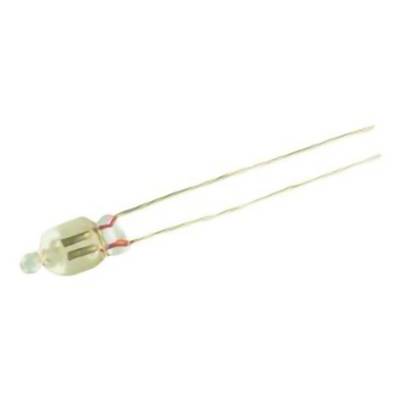 Kleine heldere glazen elektronische component met twee lange metalen aansluitdraden, weergegeven op een witte achtergrond.