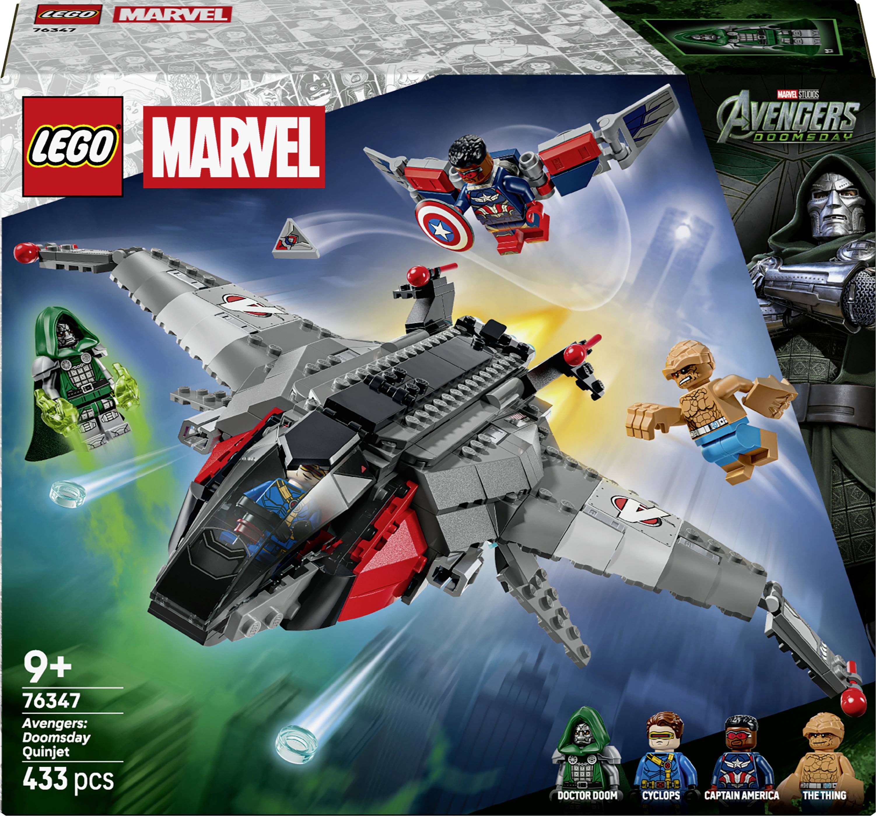 LEGO Marvel Avengers Doomsday Quinjet boxart met het vliegtuig met Captain America, Doctor Doom, Cyclops en The Thing; set 76347, 433 onderdelen, vanaf 9 jaar.
