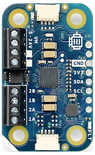 Klein blauw printplaatje met schroefklemmen, twee witte connectors en gelabelde pinnen GND, 3V3, SDA, SCL, FLT en 1A-2B.