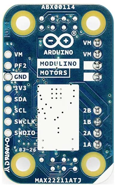 Arduino Moduino Motors moduleschakelbord gelabeld 'ABX00114' en 'MAX22211ATJ', met VM, GND, 3V3, SDA, SCL, SWCLK, SWDIO, en motorklemmen 1A-2B.
