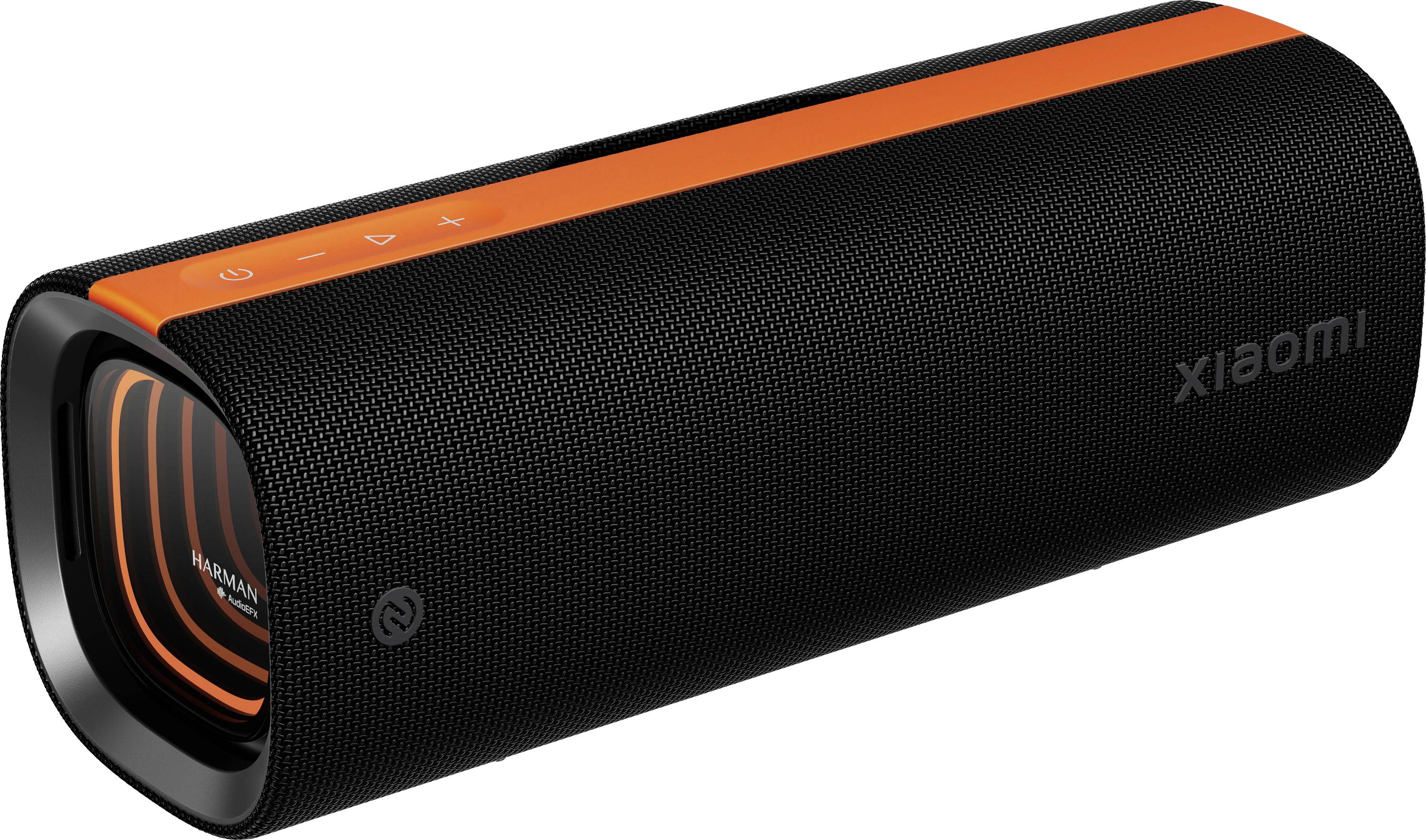Zwarte cilindrische Xiaomi draagbare Bluetooth-luidspreker met oranje bovenaccessoires en zichtbaar luidsprekergaas