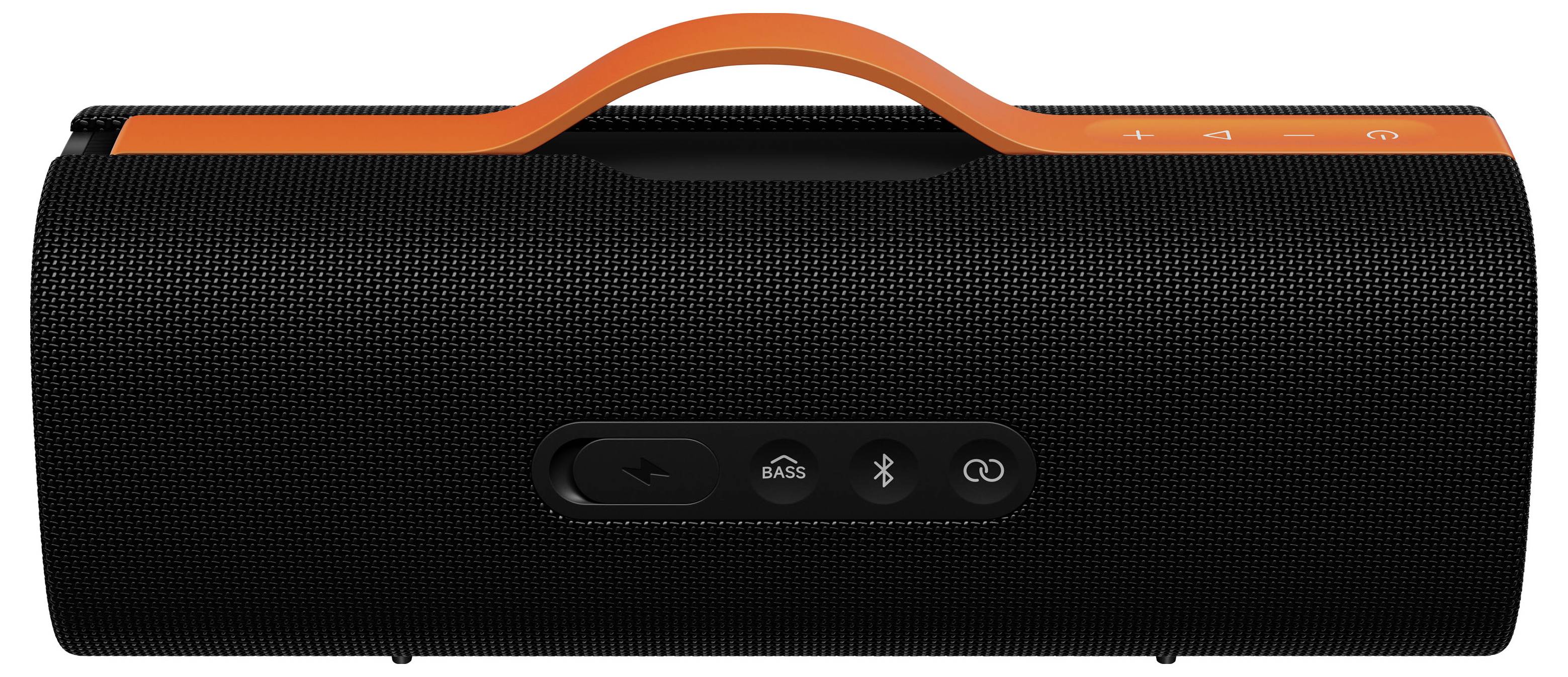 Zwarte draagbare Bluetooth-luidspreker met oranje draaggreep en bedieningsknoppen bovenaan.