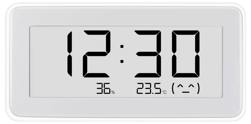 Digitale wandklok met 12:30, 37% luchtvochtigheid, 23.5°C en een smiley-gezichtpictogram.