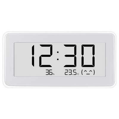Digitale wandklok met 12:30, 37% luchtvochtigheid, 23.5°C en een smiley-gezichtpictogram.