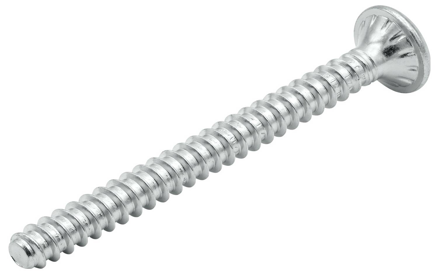 Een zilveren platte kop schroef weergegeven diagonaal op een witte achtergrond.