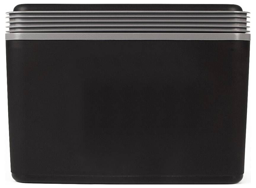 Zwart rechthoekig luchtreinigers- of airconditioningapparaat met geventileerde bovenkant en glad frontpaneel op een witte achtergrond