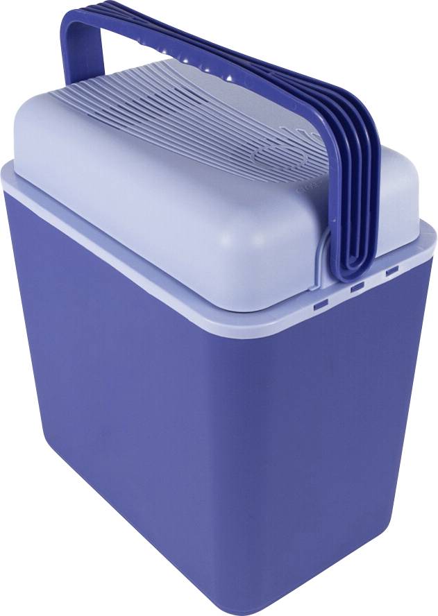 Blauwe draagbare koelbox met scharnierend deksel en ingebouwde handvat op een witte achtergrond.