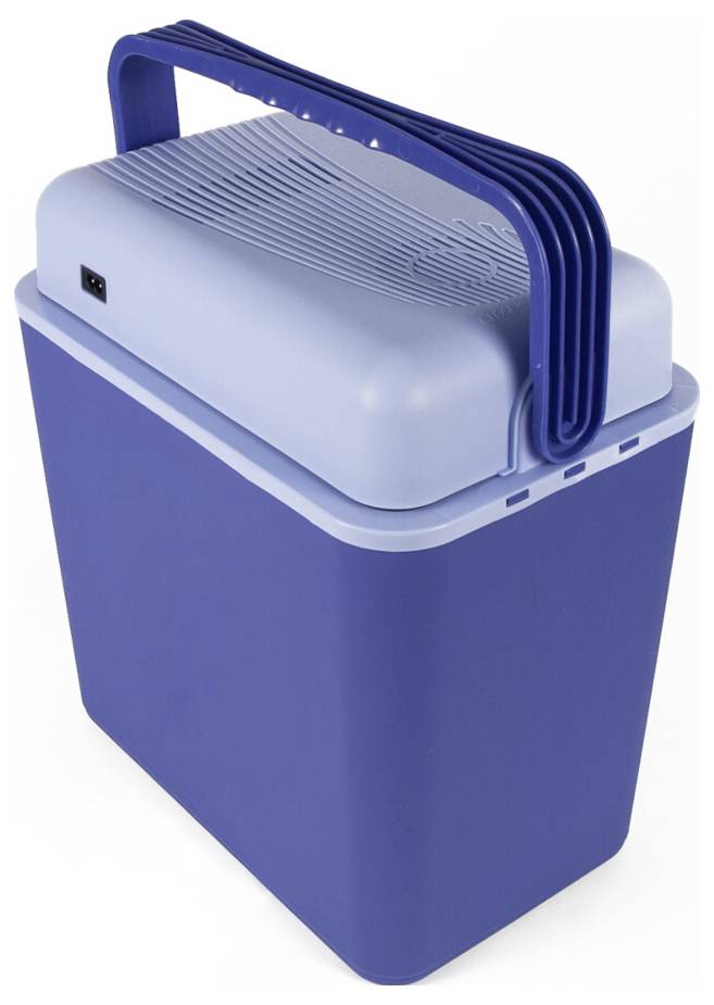 Blauwe draagbare elektrische koelbox met deksel en draaggreep op een witte achtergrond.